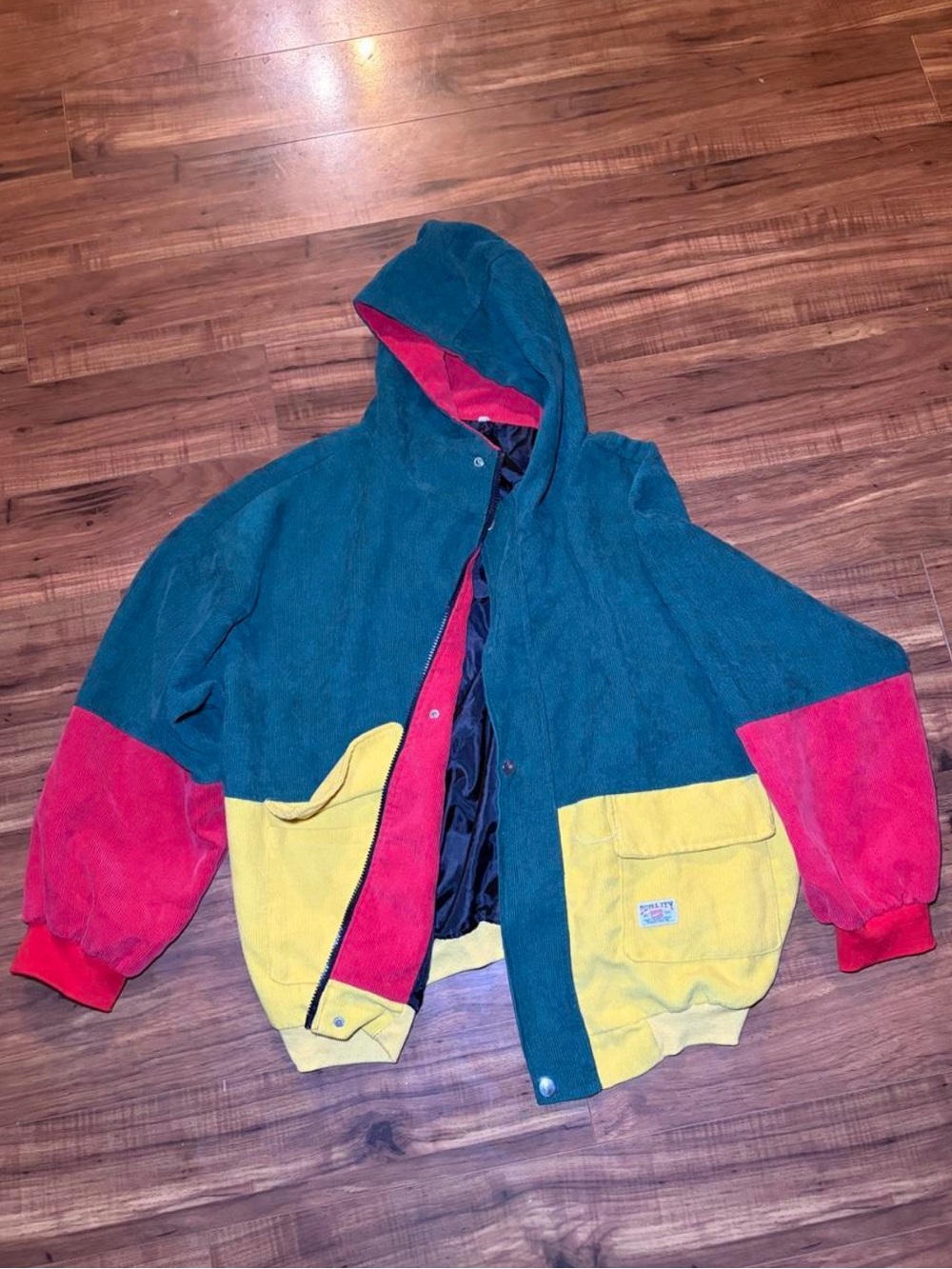 Colorblock Hooded Corduroy Style Jacket in Green, Red & Yellow